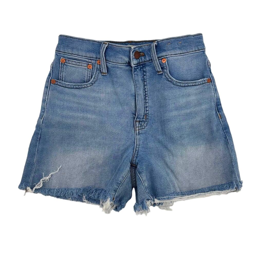 Madewell High Rise Midi Jean Shorts 26 Blue Light Wash Raw Hem Denim Casual
